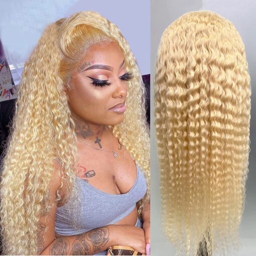 Blonde Long Human Hair Lace Wig For Women Black Women 150% Density Thick Brazilian Blonde 613 Deep Wave Curly Lace Frontal Wigs With Baby Hair Pre Plucked MI1603685