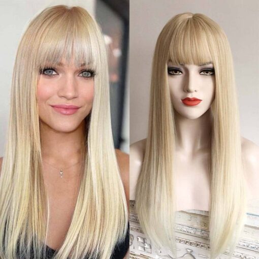 Blonde Ombre Long Straight Wig With Fringe Bangs, Heat Resistance Synthetic Wigs For Women Women 24 Inch MI1604804