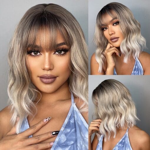 Blonde Ombre Short Bob Synthetic Wavy Wig With Bangs Shoulder Length Wigs For Women Women Natural Cosplay Hair Heat Resistant MI1611186