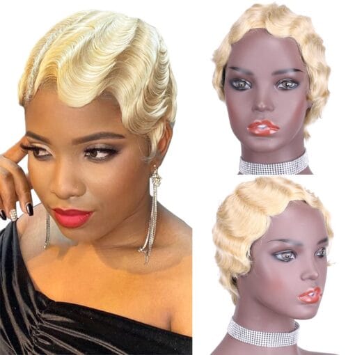 Blonde Short Mommy Hair Wig Pixie Cut Human Hair Wigs Brazilian Human Hair Wig Finger Ocean Wave Human Hair Wig(613#) MI1611204