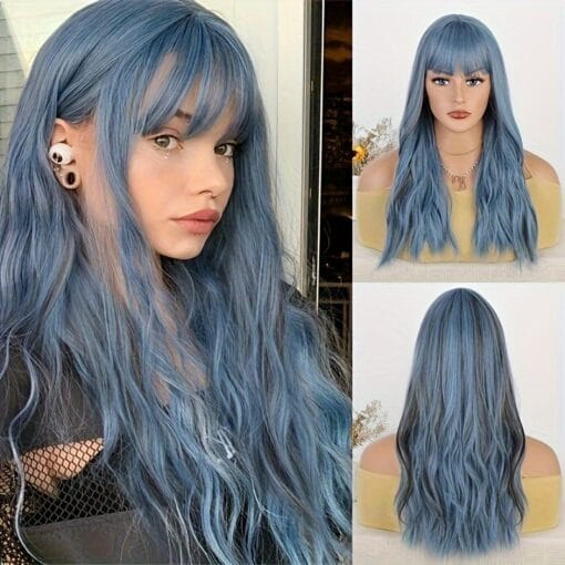 Blue Gray Wigs Bangs Synthetic Wigs Curly Hair Long Natural MI1611453