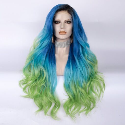 Blue To Green Ombre Dark Root Long Loose Wave Synthetic Lace Front Wig MI1610538