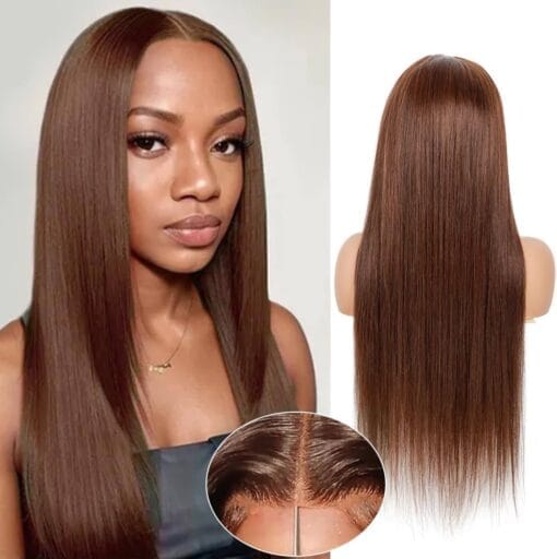 Bly Chocolate Brown Wear And Go Glueless Wigs Ready To Wear Straight Human Hair Wig Lace Pre Cut Pre Plucked 4X4 Hd Transparent Lace Front Wigs #4 MI1611821