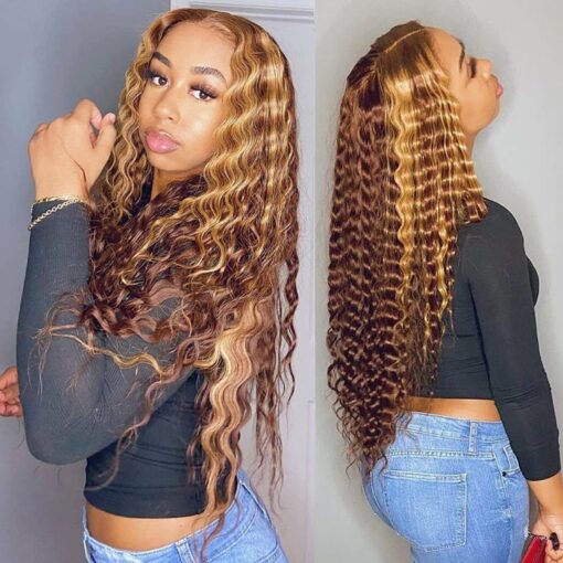 Bly Highlight Human Hair Lace Front Wigs Deep Wave #4/27 Ombre Colored Glueless Wigs Pre Plucked 16 Inch 4X4 Transparent Curly Water Wave Lace Wig MI1611016