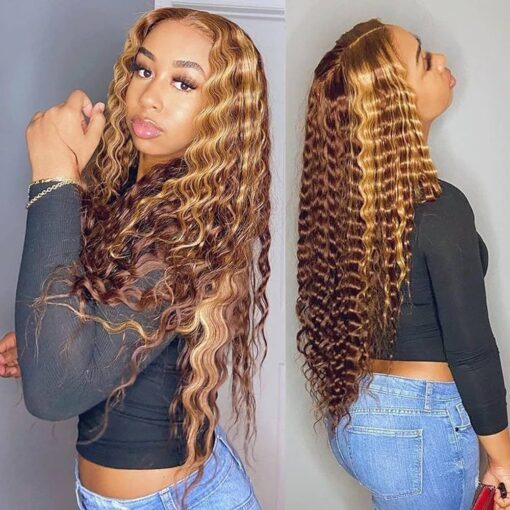 Bly Highlight Human Hair Lace Front Wigs Deep Wave #4/27 Ombre Colored Glueless Wigs Pre Plucked 30 Inch 4X4 Transparent Curly Water Wave Lace Wig MI1606425