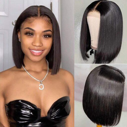 Bly Short Straight Glueless Bob Wigs Human Hair Lace Closure Front Wigs 150% Density Brazilian Virgin Hair For Women Black Women With Baby Hair Pre Plucked MI1602330