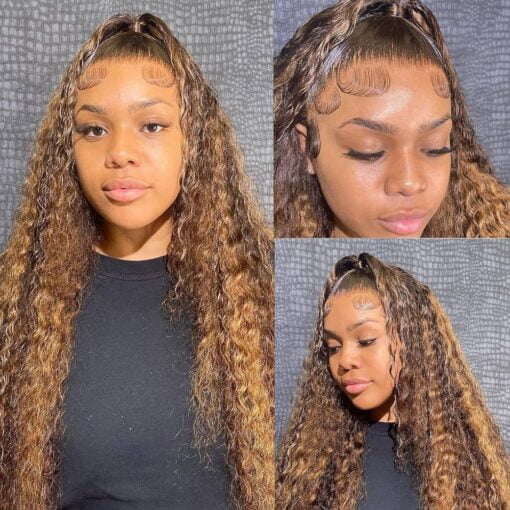 Bly Water Wave Lace Front Wigs Human Hair Ombre Brown Mix Highlight Honey Blonde Colored 4/27 Wig 4X4 Hd Transparent Lace Front 200% Density MI1611023