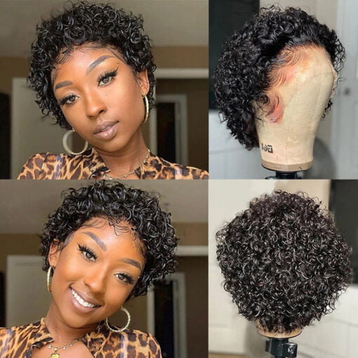 Bob Style Curly Pixie Cut Human Hair Lace Wig Natural Black MI1602586