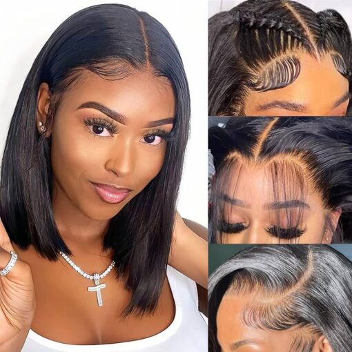 Bob Wig Human Hair, 13X4 Hd Lace Front Wigs, 12Inch Glueless Transparent Lace Frontal Bob Wigs, Pre Plucked With Baby Hair, 180% Density 12A Brazilian MI1602083