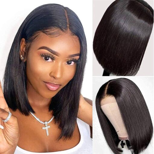 Bob Wig Human Hair Lace Front Wigs For Women Black Women 12 Inch Straight Short Bob Wig Pre Plucked Bleached Knots 150 Density Glueless 4X4 Lace Closure MI1602061