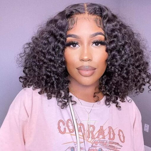 Bob Wigs Deep Wave Lace Front Wigs Human Hair Brazilian 4X4 Human Hair Wigs For Women Black Women Deep Curly Lace Closure Wigs Natural Color 14Inch(35Cm) MI1604638