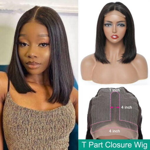 Bob Wigs Natural Black Human Hair Lace Part Wigs Pre Plucked 4×1 T Part Lace Front Wig Middle Part Short Straight Bob Wigs For Women Women 10Inch MI1603192