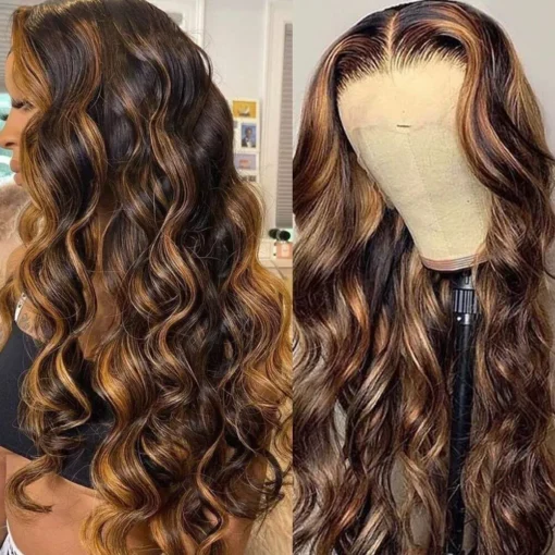 Body Wave Highlight Honey Brown Human Hair Wigs Ombre MI1611138