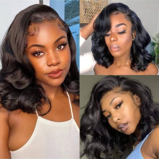 Body Wave Lace Front Wig Human Hair Wig Glueless Short Bob Wigs 13X4 Body Wave Lace Frontal Wig Pre Plucked With Baby Hair 180% Density Black Women MI1603639