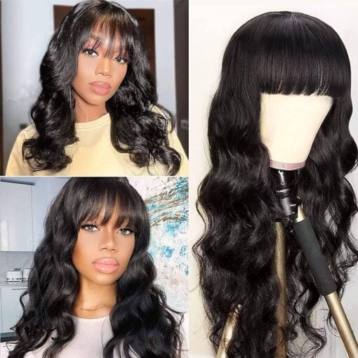 Body Wave Wig With Bangs Hmuan Hair For Women Women None Lace Front Wigs 150% Density Brazilian Virgin Hair Glueless Human Hair Wig With Bangs Natural Color MI1604684