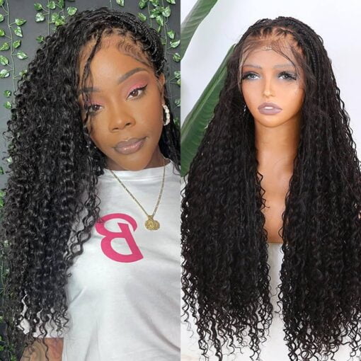 Boho Box Braids Wig Human Braid Wig With Human Hair Curls Crochet Knotless Braided Wig Pre Plucked Hd Full Lace Wig Human Hair With Baby Hair #1B MI1602164