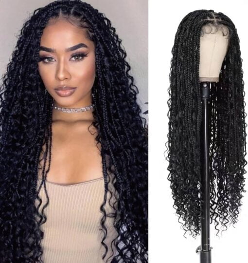 Boho Knotless Braided Wigs For Women Black Women Bohemian Box Braided Wigs Double Full Lace Braided Wigs With Baby Hair Synthetic Boho Braid Wig Natural MI1602160