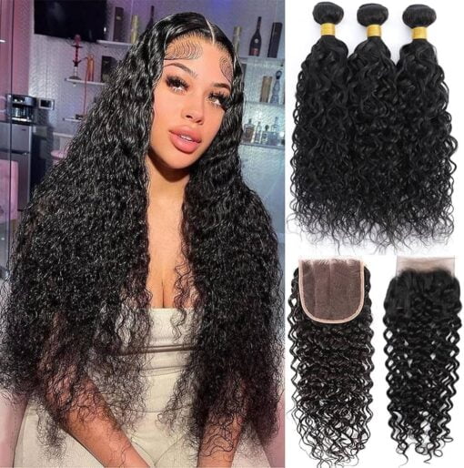 Borchan Water Wave Human Hair Bundles With Closure Free Part Wet And Wavy Bundles With Lace Closure (24 26 28+22) Unprocessed 9A Curly Bundles Human MI1604157