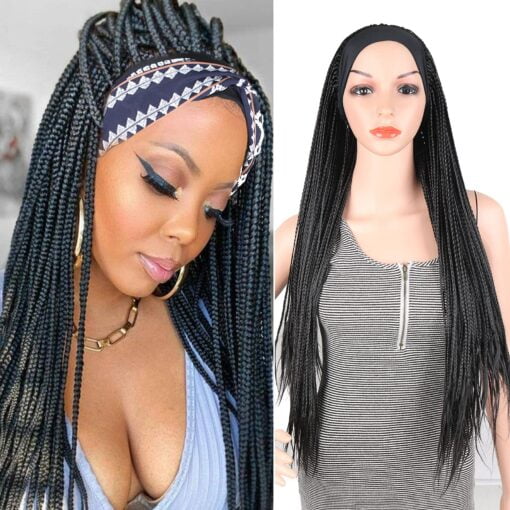 Braided Wigs With Headband Attached For Women Black Women Twist Crochet Hair Wrap Jumbo Synthetic Cornrow Black Box Braid Long Crochettwistwig 30Inch MI1602181