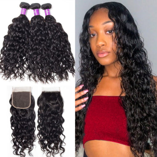 Brazilian Wet And Wavy Human Hair 3 Bundles With Closure MI1604377