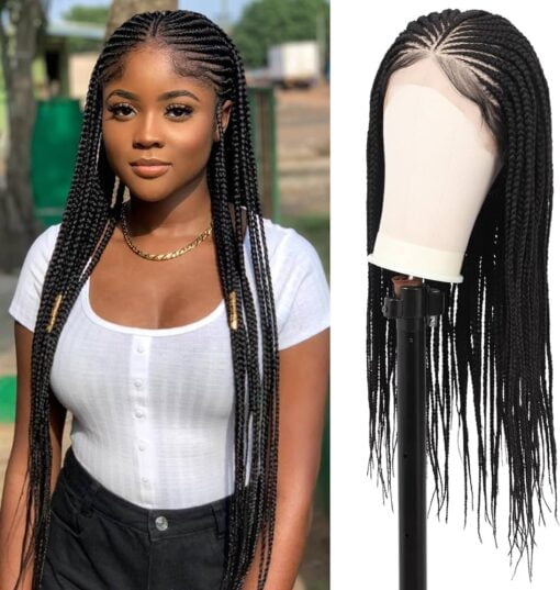 Brinbea 13X5" Lace Front Box Braided Wigs For Women Women 24" Black Braid Wigs With Baby Hair Premium Human Hair Blended Lace Frontal Cornrow Braided Hair MI1602169