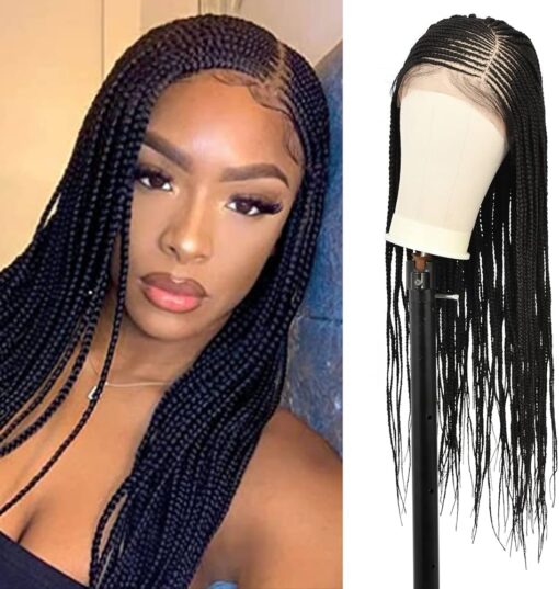 Brinbea 13X7" Lace Front Braided Wigs For Women Women Cornrow Box Braid Wigs With Baby Hair Black Human Hair Blended Natural Deeper Side Parted Box Braided MI1602174