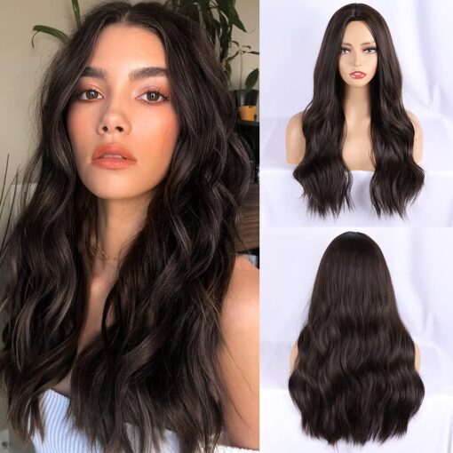 Brown Black Wig Long Wavy Wig For Women Women Middle Part MI1604153