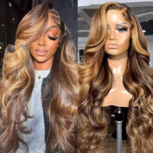 Brown Highlight Lace Frontal Wig Human Hair 180% Density MI1611553