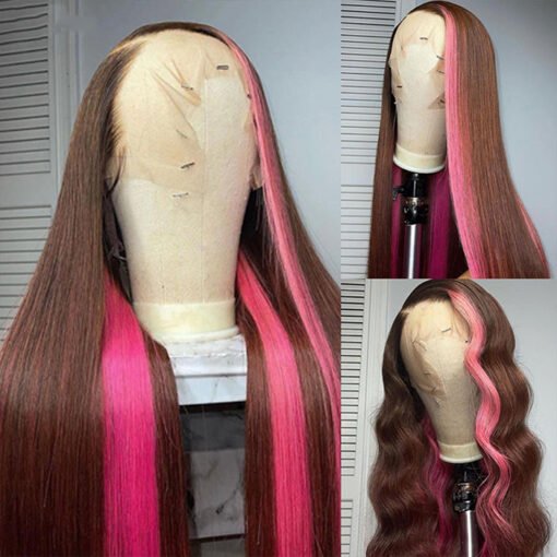 Brown Pink Lace Front Wig Bone Straight Human Hair Wig 13X4 MI1602572