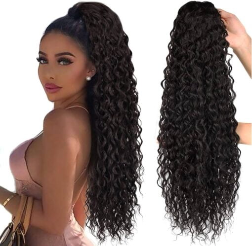 Brown Ponytail Extensions Curly Drawstring Ponytail Extension Real Human Hair Feeling Long 24Inch Wave Clip In Hair Extensions Ponytail Synthetic MI1604326