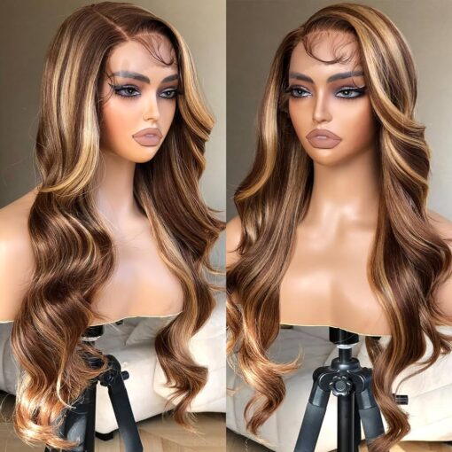 Brownbomb Honey Blonde Lace Front Wig, Body Wave Synthetic Lace Front Wig Pre Plucked Glueless Wig For Women Women, 4/27 Highlight Ombre Honey Blonde Wig MI1610940