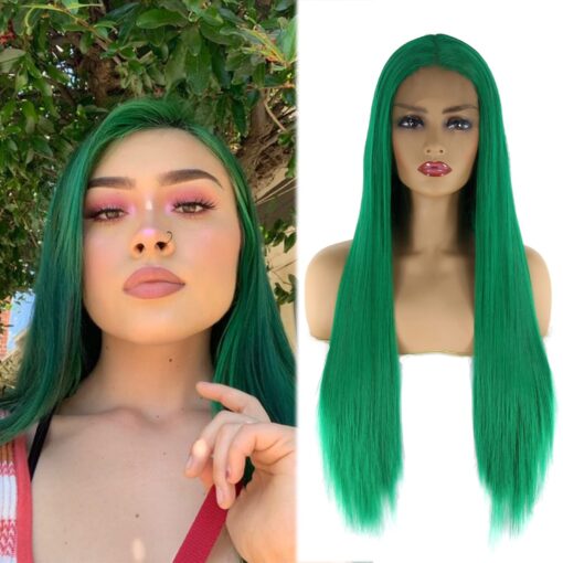 Btwtry Long Straight Hair Green Synthetic Lace Front Wigs Middle Part For Women Women Daily Wear Heat Resistant Fiber Hair (24Inch, Green) MI1610783