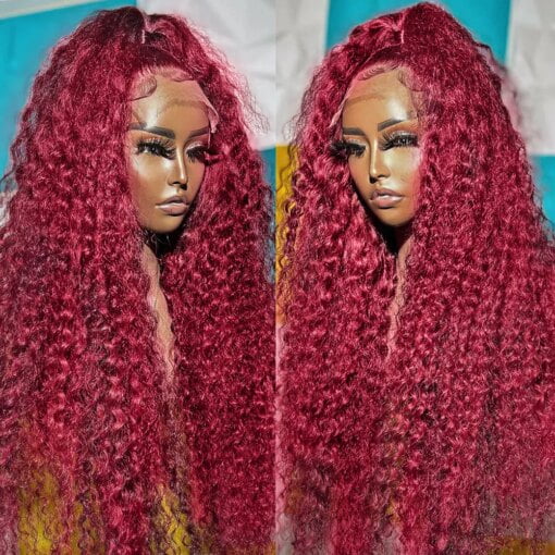 Burgundy Deep Wave Lace Front Brazilian Curly Wig 13X6 Hd MI1606111