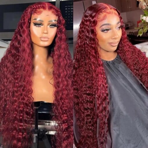 Burgundy Deep Wave Lace Front Wig, 13X4 Red Remy T Part Curly Human Hair Wigs For Women Women MI1611338