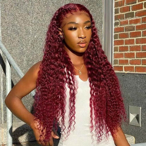 Burgundy Deep Wave Lace Frontal Wigs Human Hair 99J Colored MI1602754