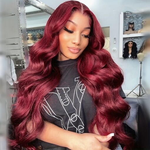 Burgundy Lace Front Wig Body Wave 13X4 Hd Transparent Lace Frontal Wig Pre Plucked 99J Wine Red Wig Colored Human Hair Wigs 200% Density MI1611293