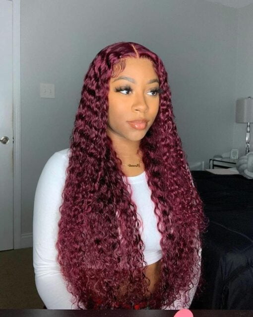 Burgundy Red 13X4 Lace Front Wigs With Natural Deep Wave, Transparent Lace And Baby Hair, Pre Plucked Human Hair Curly Wig For Women Black Women 24 Inch MI1603528