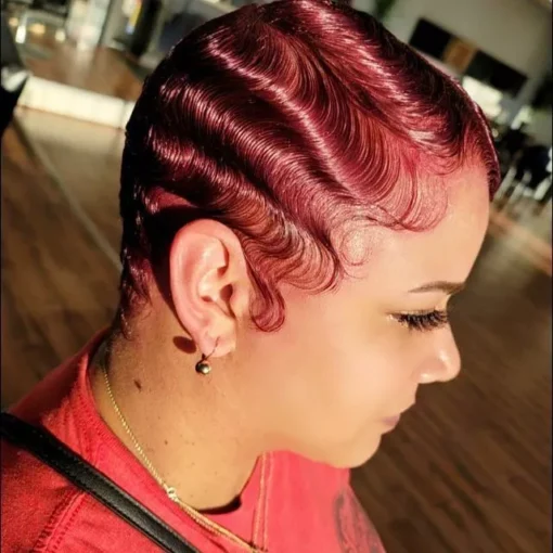 Burgundy Red Finger Wave Remy Human Hair Wigs Short Wave MI1604880