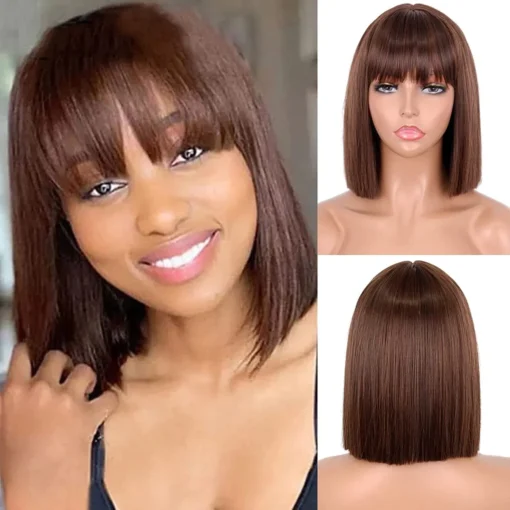 Cecehair Short Brown Bob Wig With Bangs Straight Brown MI1610807