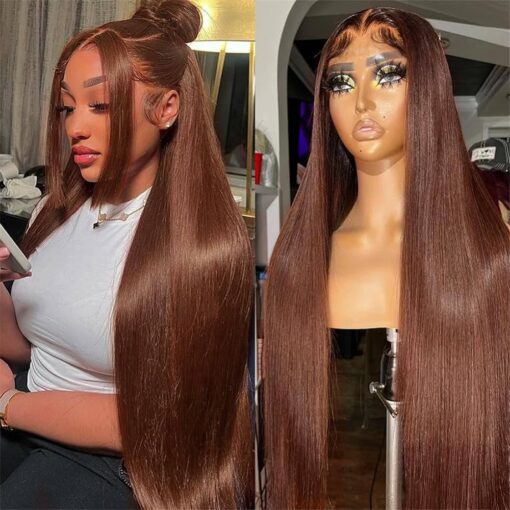 Cheap 26Inch Chocolate Brown Lace Front Wigs Human Hair 13X4 Glueless Full Hd Lace Frontal Wig Human Hair #4 Straight Light Brown Transparent Lace MI1604289