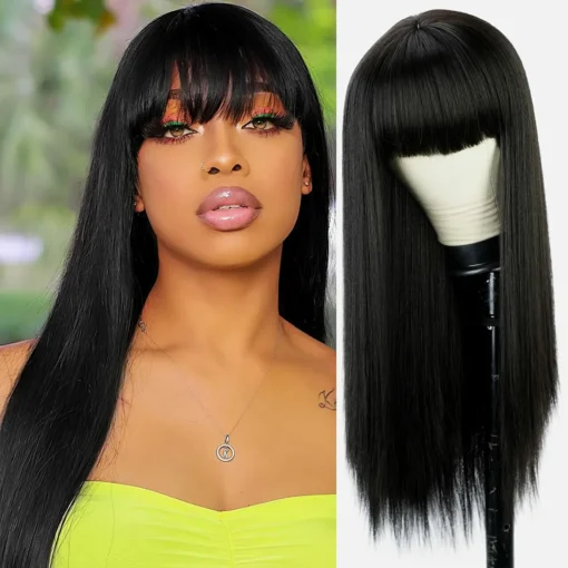 Cheap Black Long Straight Wig With Bangs Synthetic Hair For Women MI1607463