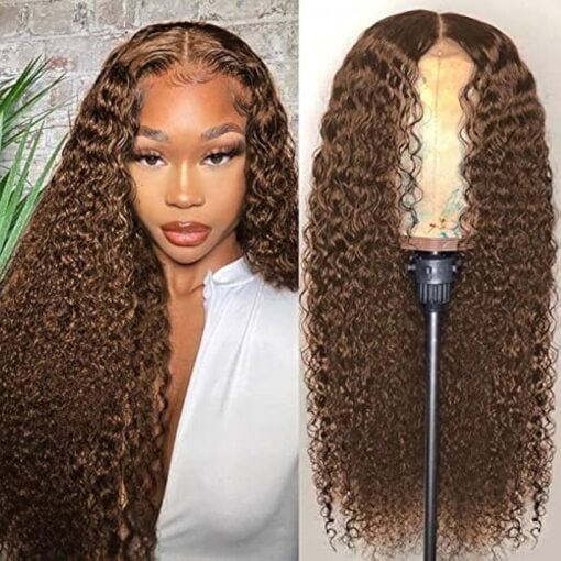 Chocolate Brown Curly Lace Front Wigs Human Hair Pre Plucked With Baby Hair 13X6 T Middle Part Hairline 151% Density Coffee Color Deep Wave Wig MI1605397