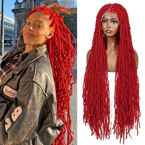 Colorful Locs Braided Wigs 36 Inches Full Double Lace Red Color Square Knotless Dreadlock Braiding Wig With Baby Hair For Women Black Women Synthetic Lace MI1603682