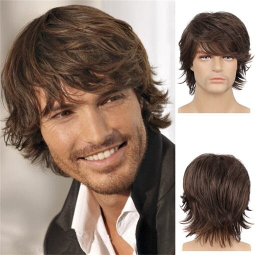 Cptfadh Human Hair Mens Wig Brown Short Layered Natural Wave Synthetic Male Wigs With Bangs Party Daily MI1602655