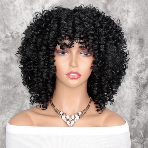 Curly Afro Wig With Bangs Shoulder Length Wigs Curly Black MI1604349