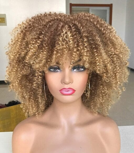 Curly Afro Wigs For Women Black Women Short Kinky Curly Wigs With Bangs 14Inch Blonde Afro Hair Synthetic Fibre Wigs MI1606450