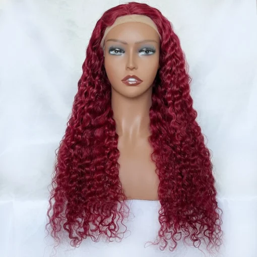 Curly Burgundy Brazilian 99J Deep Wave 13X4 Lace Front Human Hair Wigs MI1610976