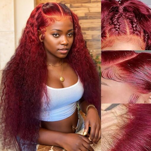 Curly Burgundy Lace Front Wigs Human Hair 13X4 99J Red Curly Lace Front Wig Human Hair 180% Density Hd Transparent Frontal Wig Colored Pre Plucked MI1610501