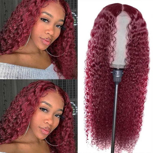 Curly Human Hair 99J Burgundy 4X4 Lace Closure Wigs MI1610977