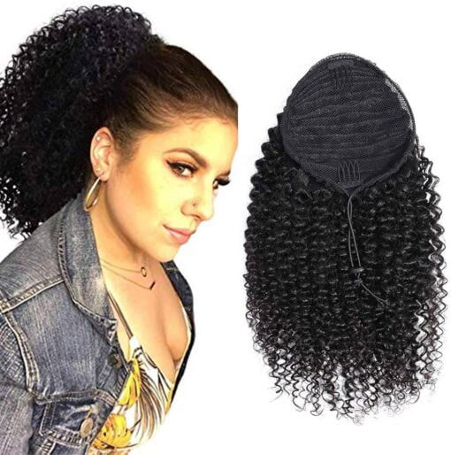 Curly Human Hair Ponytail With Wrap Drawstring 1 Piece, 3C Brazilian Hair Natural Color Afro Kinky Curly Hair Piece Clip In Extensions Ponytail Wig MI1604339